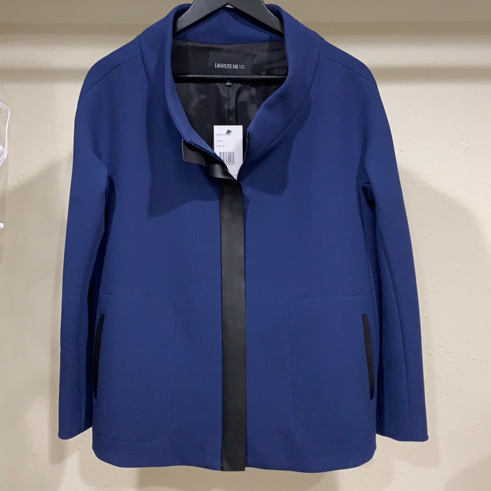 Blue Jacket with Black Faux Leather Trim